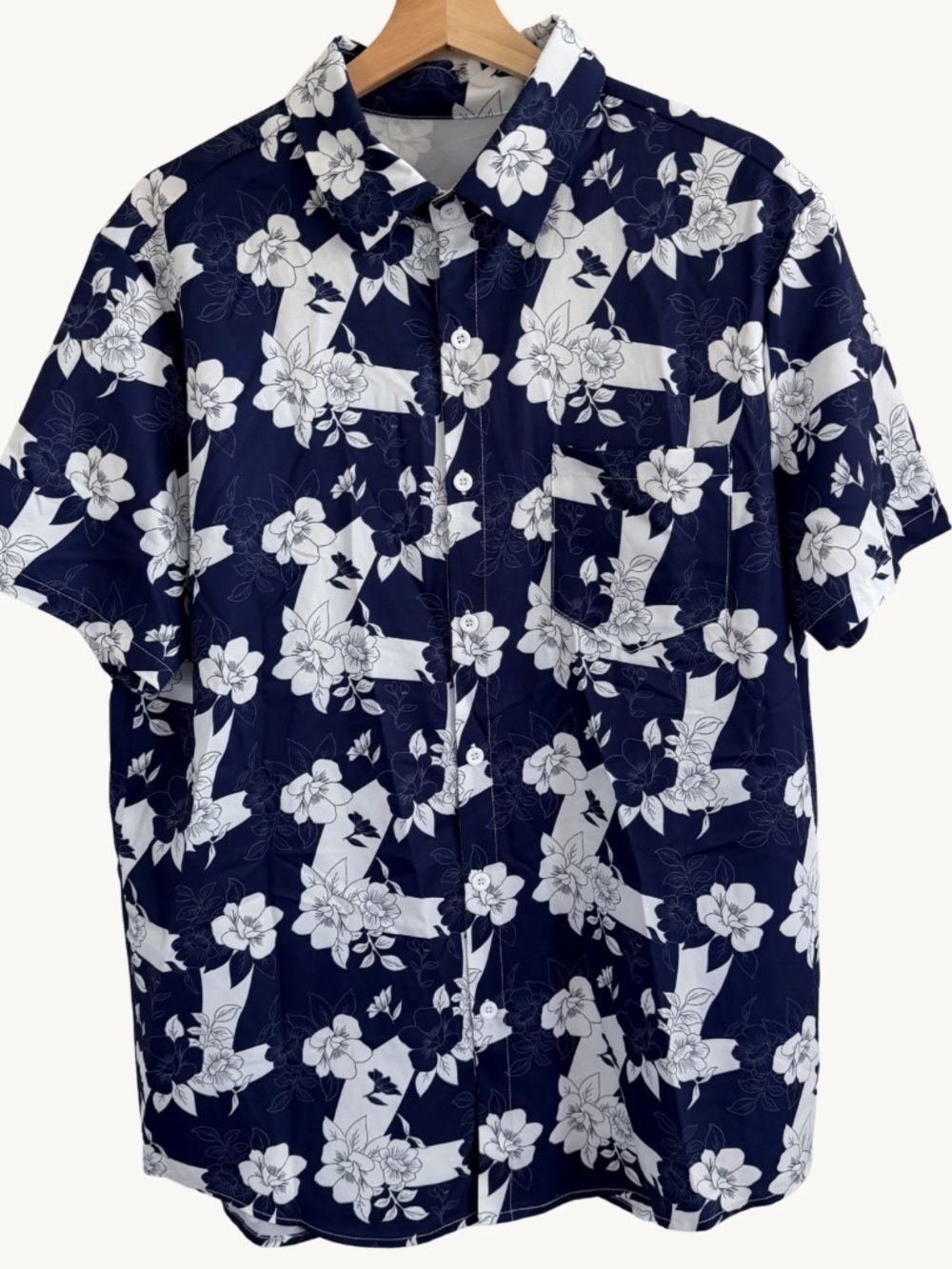 Shein Blue White Floral Hawaiian Button Up Shirt Mens Large Beach Vacation